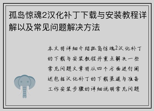 孤岛惊魂2汉化补丁下载与安装教程详解以及常见问题解决方法 孤岛惊魂2汉化补丁下载与安装教程详解以及常见问题解决方法